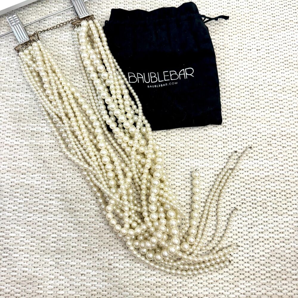 BaubleBar Multi-Strand Faux Pearl Statement Necklace Gold Tone + Pouch